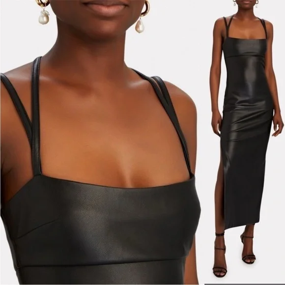 NWT Alexis Dress Jacqueline Midi Halter in Faux Leather Black Ink
